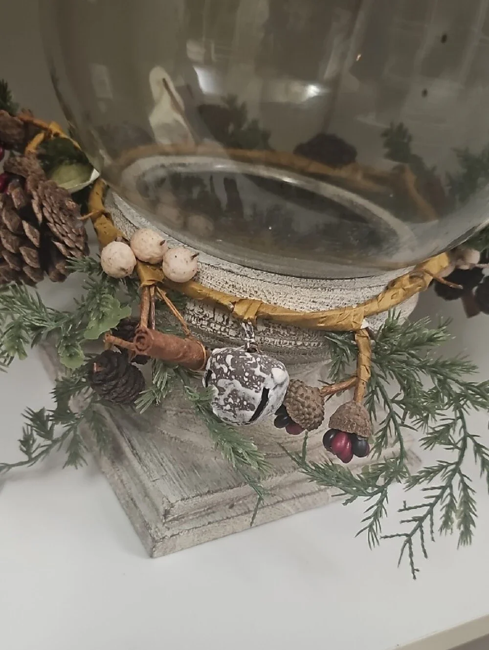 Huge Rustic Glass Hurricane Lantern with Pine & Pinecone Wreath 14
